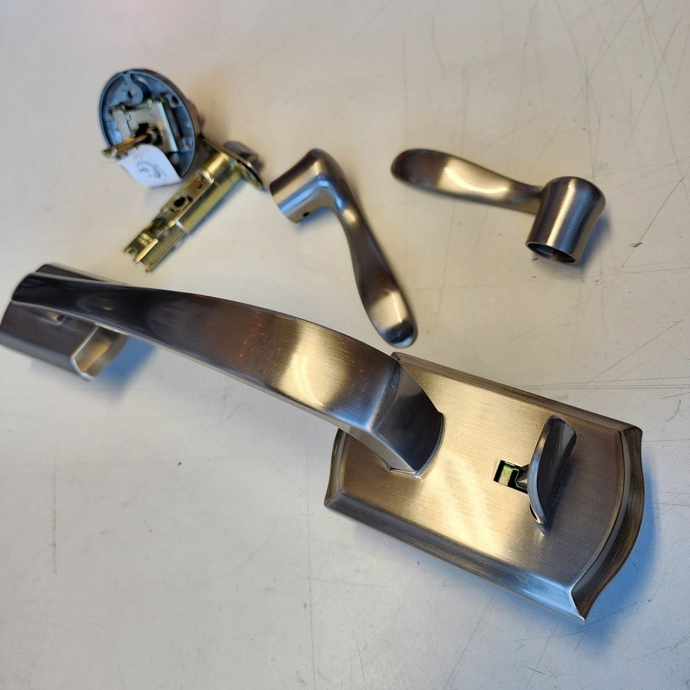 Prescott Satin Nickel Door Handleset Only with Tustin Door Handle in Satin Nickel Prescott Satin Nickel Door Handleset Only with Tustin Door Handle in Satin Nickel